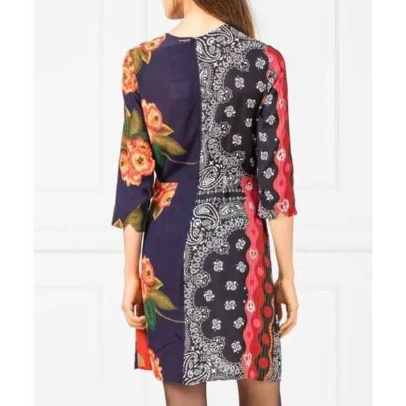 Desigual Dana Draped Print Mini Dress Blue Multi Size 6 - Picture 2 of 12
